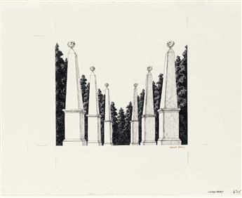 (THEATER.)  EDWARD GOREY. Cemetery [Garden obelisks with skulls].